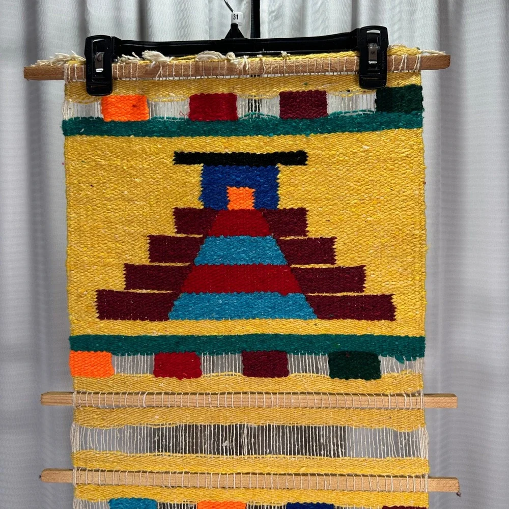 VTG Peruvian Handwoven Wool Wall Hanging Textile Art Pyramid Indigenous 48x15